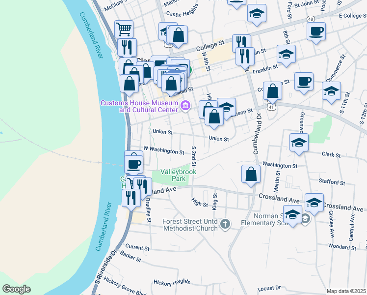 map of restaurants, bars, coffee shops, grocery stores, and more near 121 West Washington Street in Clarksville