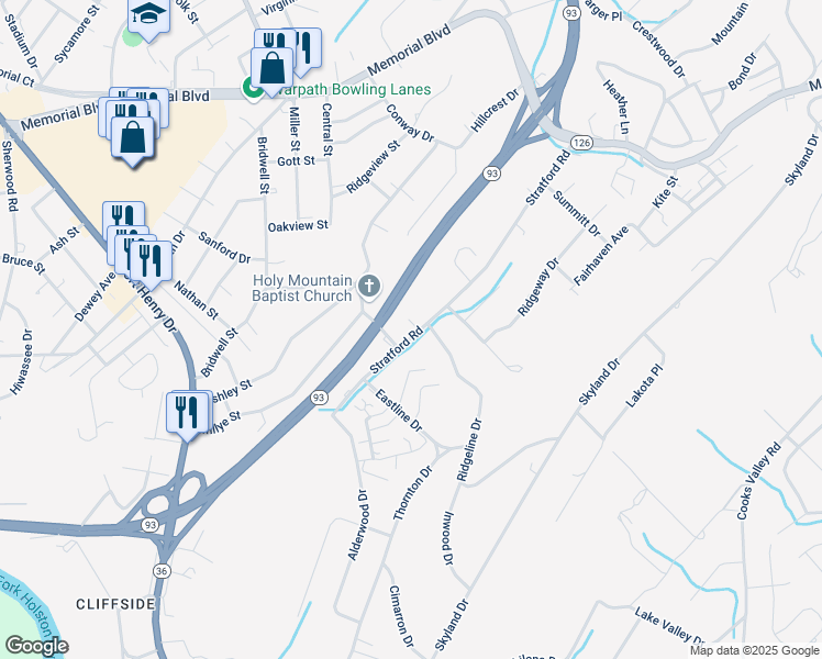 map of restaurants, bars, coffee shops, grocery stores, and more near 1509 Stratford Road in Kingsport