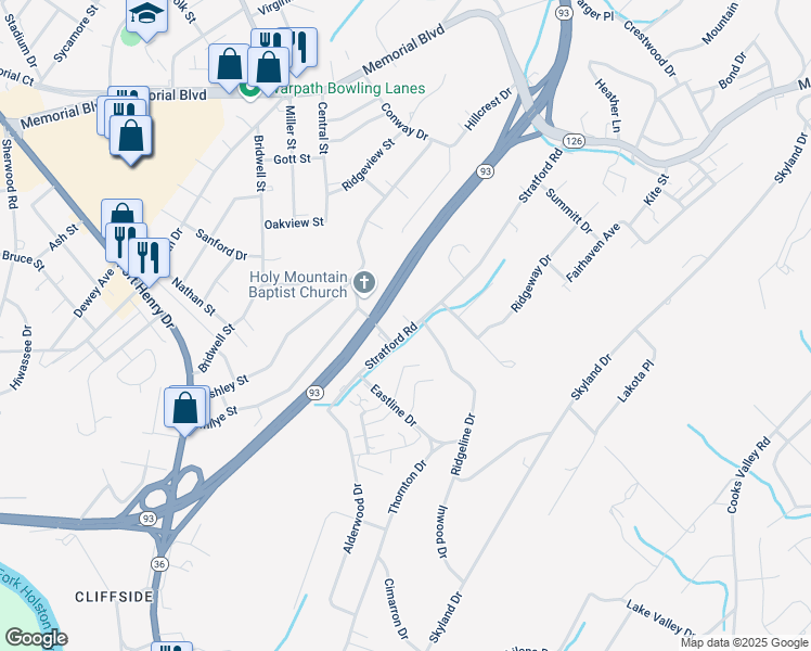 map of restaurants, bars, coffee shops, grocery stores, and more near 1509 Stratford Road in Kingsport