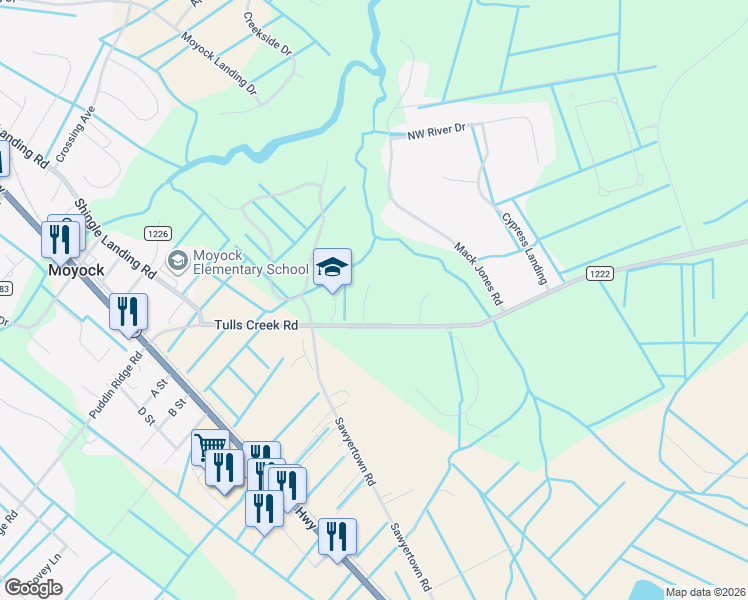 map of restaurants, bars, coffee shops, grocery stores, and more near 100 Whistling Duck Court in Moyock