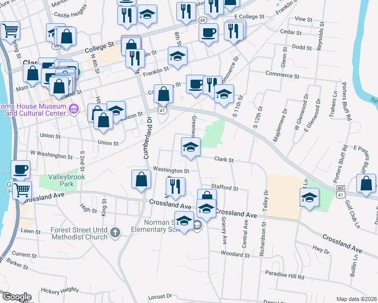 map of restaurants, bars, coffee shops, grocery stores, and more near 445 Greenwood Avenue in Clarksville