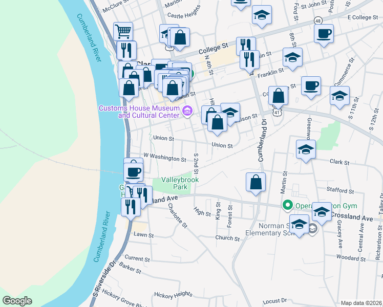 map of restaurants, bars, coffee shops, grocery stores, and more near 121 West Washington Street in Clarksville