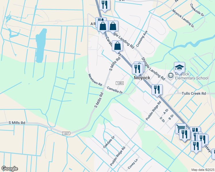 map of restaurants, bars, coffee shops, grocery stores, and more near 159 South Mills Road in Moyock