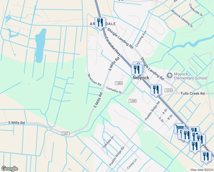 map of restaurants, bars, coffee shops, grocery stores, and more near 159 South Mills Road in Moyock