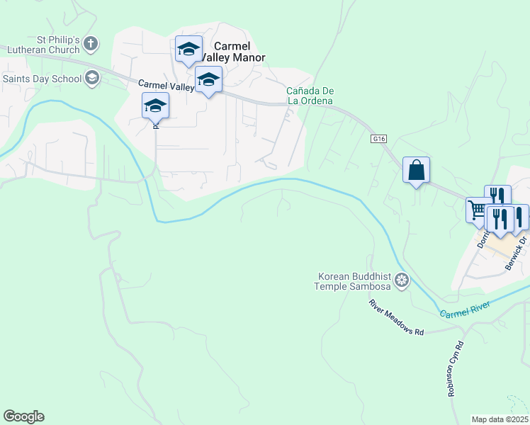 map of restaurants, bars, coffee shops, grocery stores, and more near 8640 River Meadows Road in Carmel-by-the-Sea