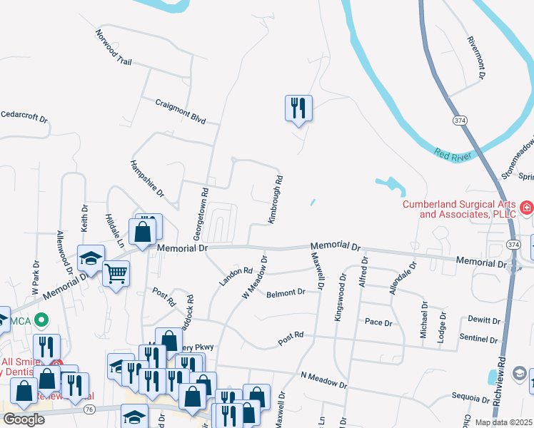 map of restaurants, bars, coffee shops, grocery stores, and more near 316 Kimbrough Road in Clarksville