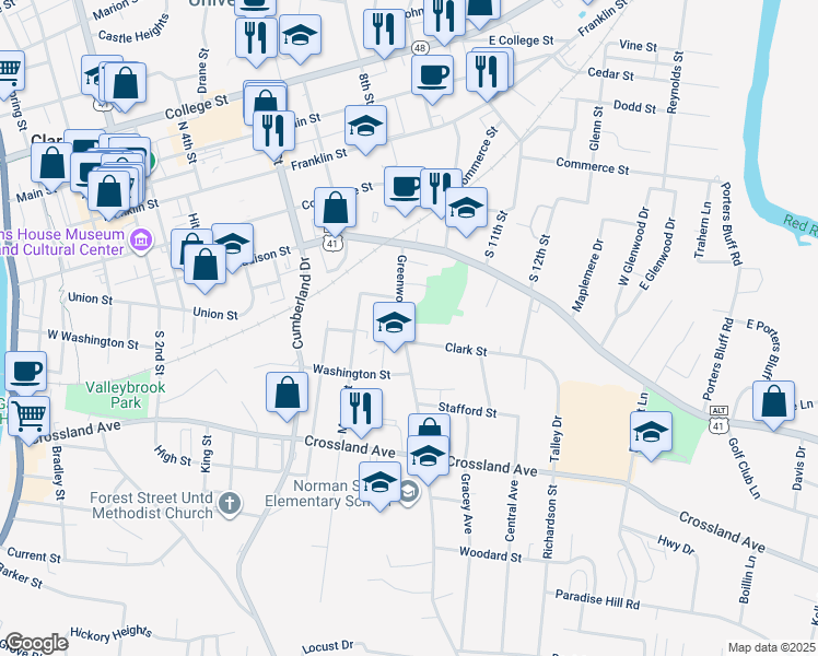 map of restaurants, bars, coffee shops, grocery stores, and more near 425 Greenwood Avenue in Clarksville