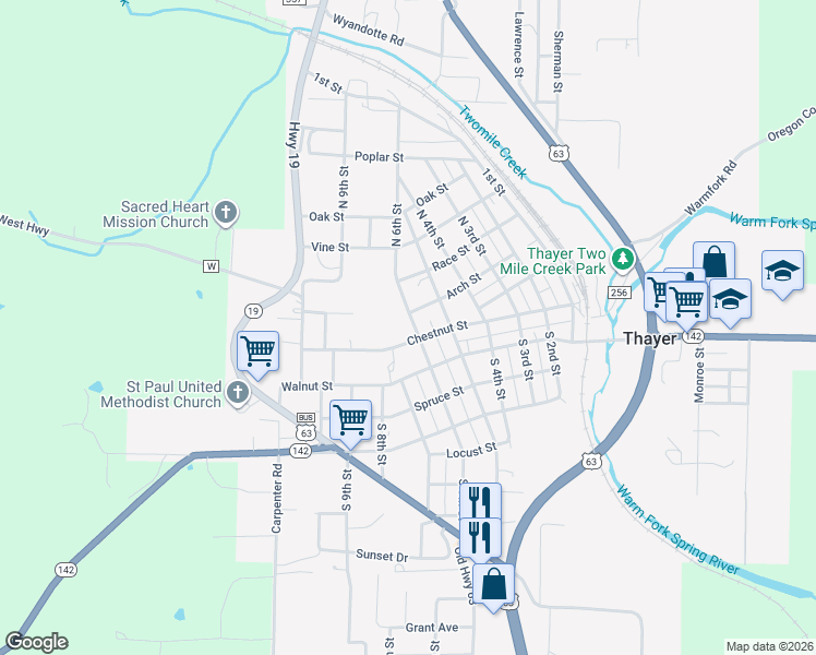 map of restaurants, bars, coffee shops, grocery stores, and more near 600-898 Chestnut Street in Thayer