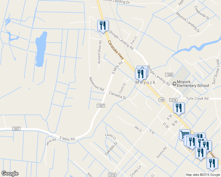 map of restaurants, bars, coffee shops, grocery stores, and more near 157 South Mills Road in Moyock