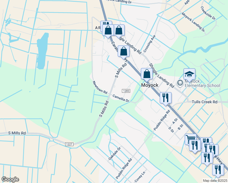 map of restaurants, bars, coffee shops, grocery stores, and more near 157 South Mills Road in Moyock