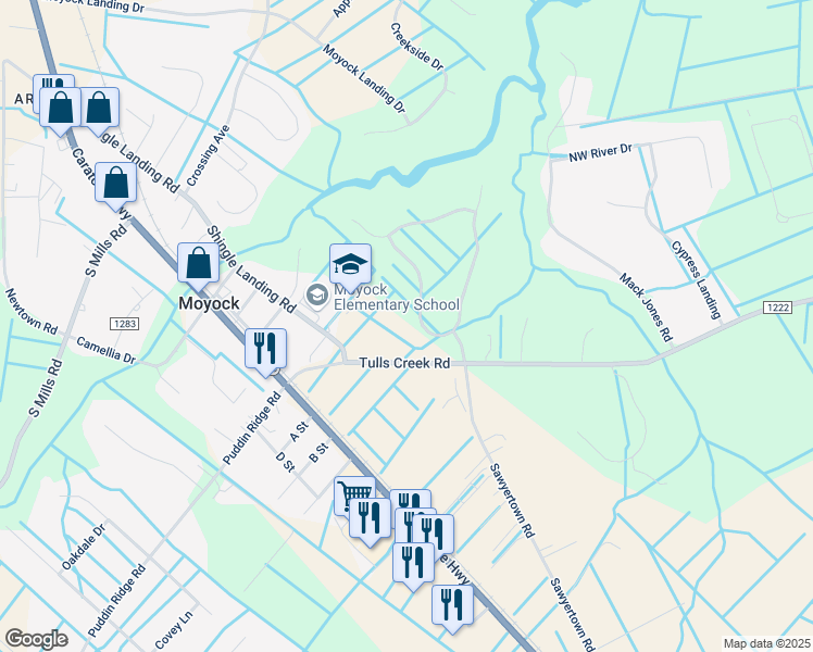 map of restaurants, bars, coffee shops, grocery stores, and more near 103 Surf Scoter Loop in Currituck