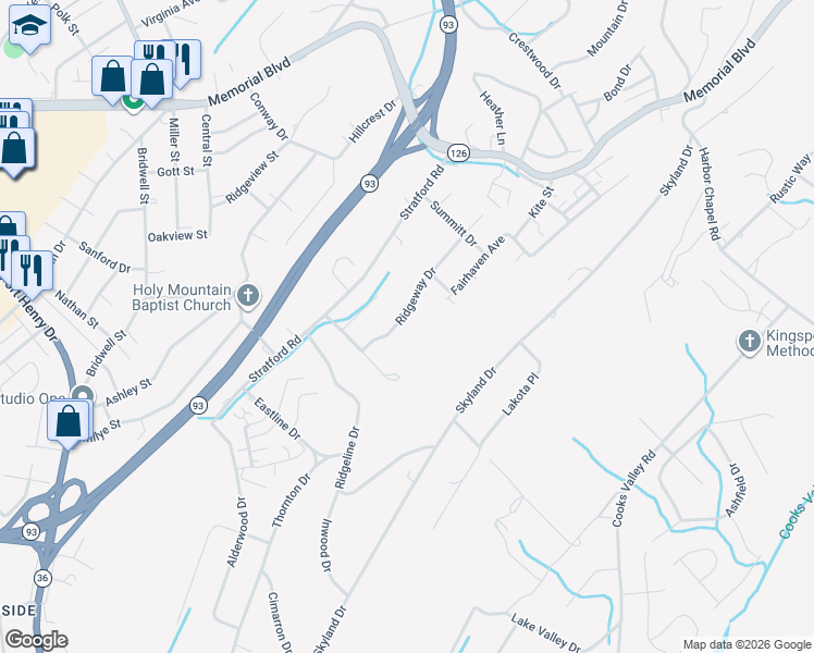 map of restaurants, bars, coffee shops, grocery stores, and more near 1656 Ridgeway Drive in Kingsport