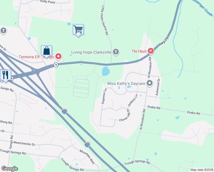 map of restaurants, bars, coffee shops, grocery stores, and more near 695 Superior Lane in Clarksville