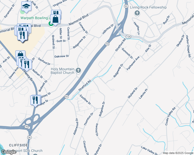 map of restaurants, bars, coffee shops, grocery stores, and more near 3801 Telstar Drive in Kingsport