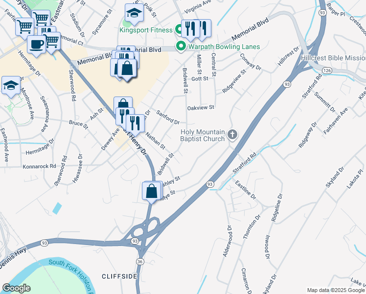 map of restaurants, bars, coffee shops, grocery stores, and more near 2613 Rockwell Place in Kingsport