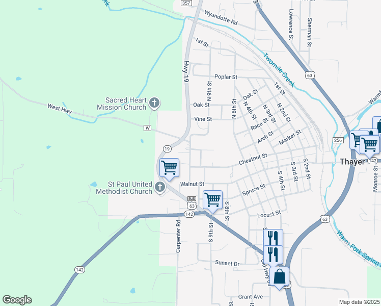 map of restaurants, bars, coffee shops, grocery stores, and more near 129 N 10th St in Thayer