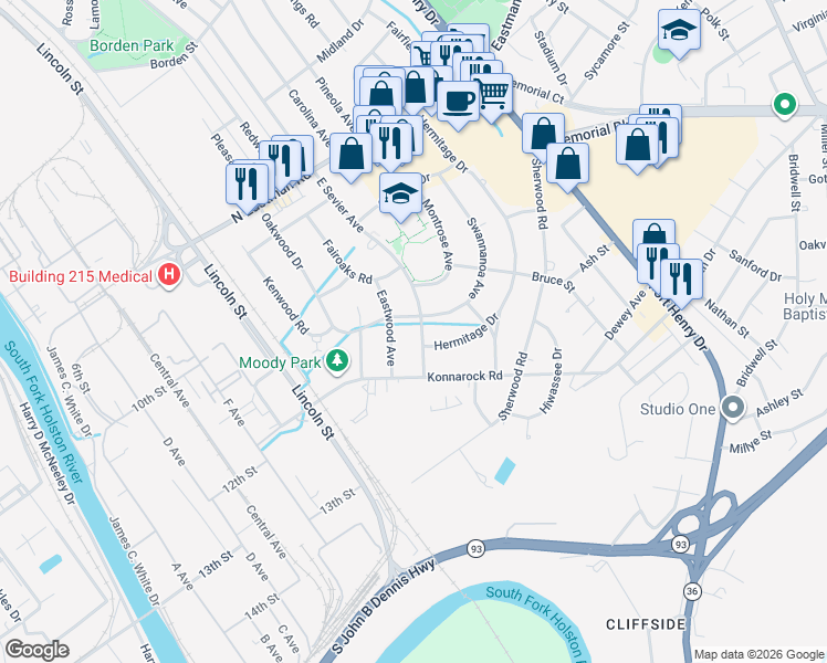 map of restaurants, bars, coffee shops, grocery stores, and more near 2121 East Sevier Avenue in Kingsport