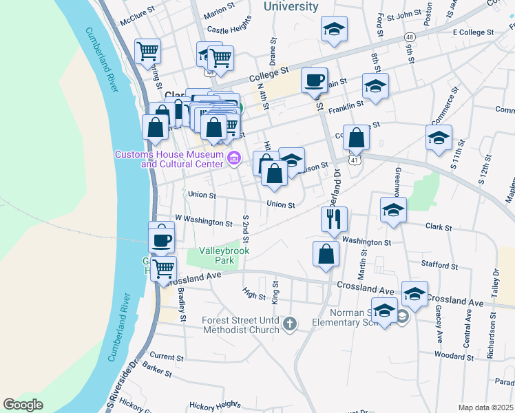 map of restaurants, bars, coffee shops, grocery stores, and more near 222 Union Street in Clarksville
