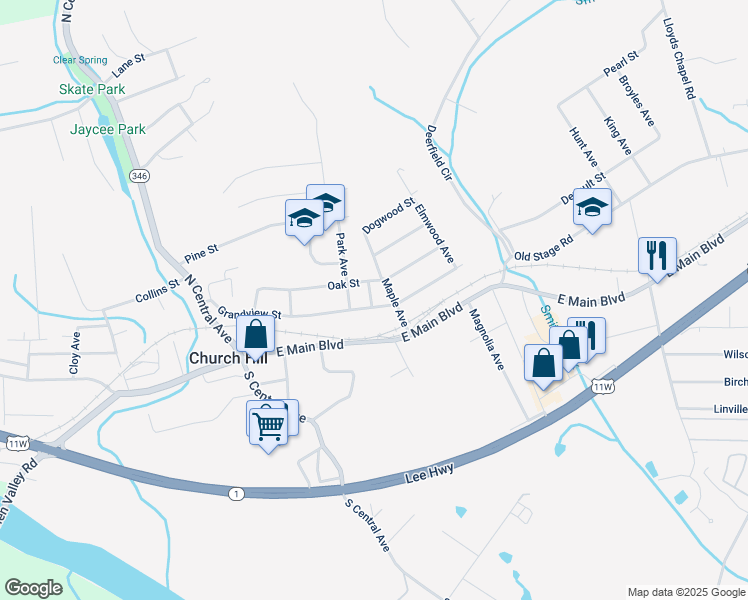 map of restaurants, bars, coffee shops, grocery stores, and more near 313 Grandview Street in Church Hill