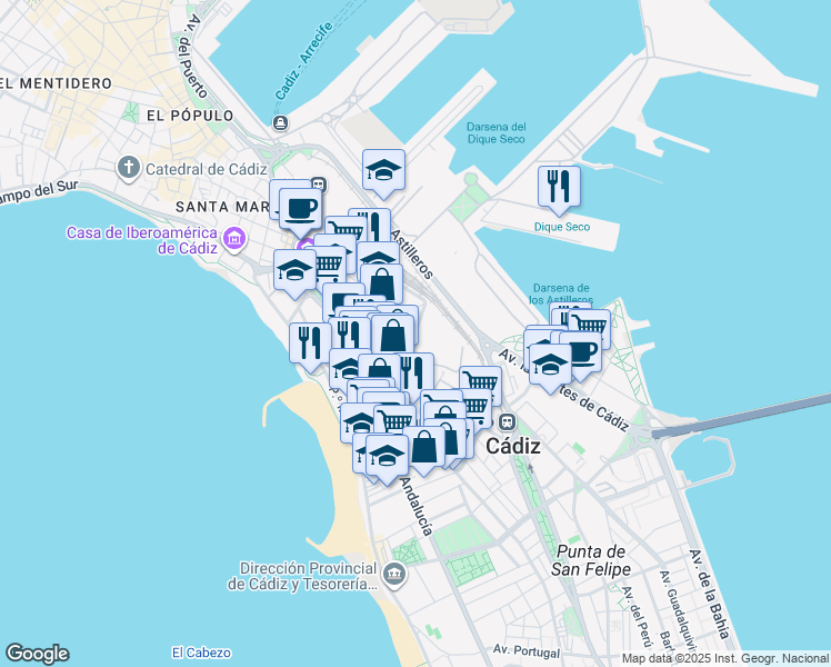 map of restaurants, bars, coffee shops, grocery stores, and more near Avenida de la Marina in Cádiz