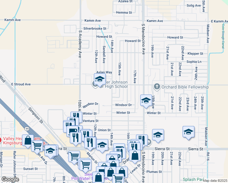 map of restaurants, bars, coffee shops, grocery stores, and more near 2450 14th Avenue in Kingsburg