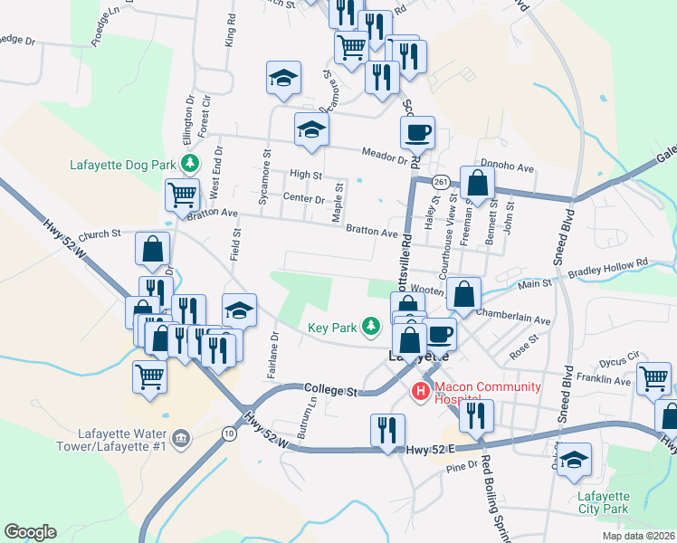 map of restaurants, bars, coffee shops, grocery stores, and more near 207 Bratton Avenue in Lafayette