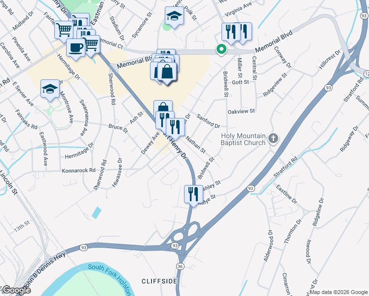 map of restaurants, bars, coffee shops, grocery stores, and more near 2401 Fort Henry Drive in Kingsport