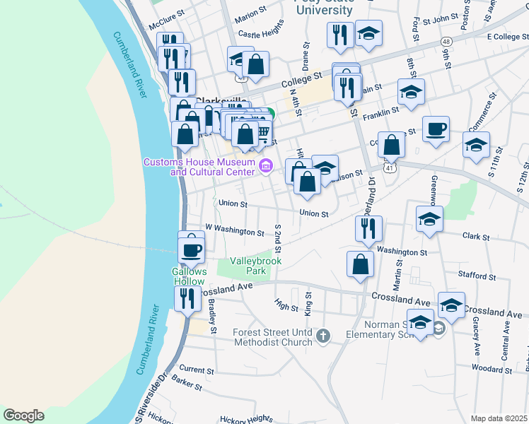map of restaurants, bars, coffee shops, grocery stores, and more near 123 Union Street in Clarksville