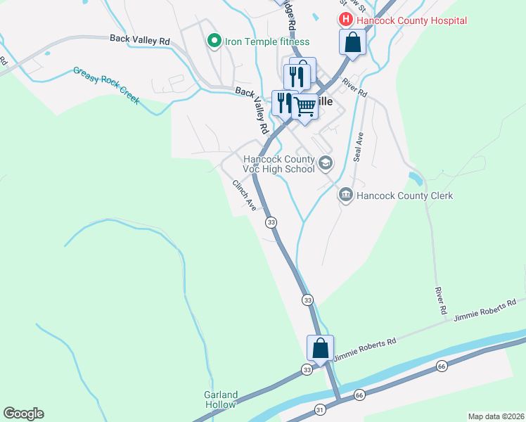 map of restaurants, bars, coffee shops, grocery stores, and more near 822 Main Street in Sneedville