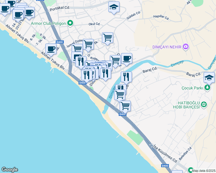 map of restaurants, bars, coffee shops, grocery stores, and more near 20 Dim Çayı Caddesi in Alanya