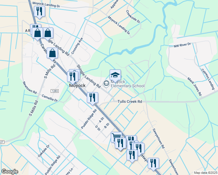 map of restaurants, bars, coffee shops, grocery stores, and more near 255 Tulls Creek Road in Moyock