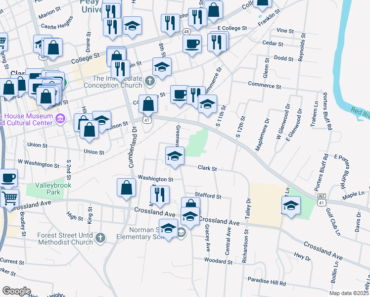 map of restaurants, bars, coffee shops, grocery stores, and more near 403 Greenwood Avenue in Clarksville