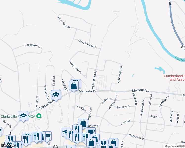 map of restaurants, bars, coffee shops, grocery stores, and more near 317 Hampshire Drive in Clarksville