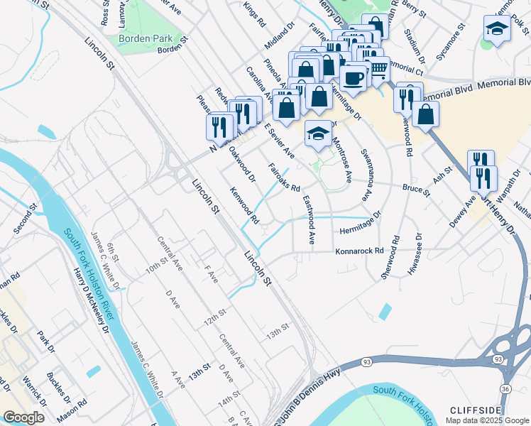 map of restaurants, bars, coffee shops, grocery stores, and more near 1905 Oakwood Drive in Kingsport