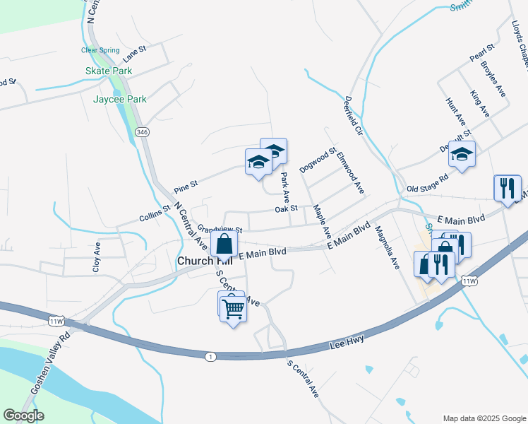 map of restaurants, bars, coffee shops, grocery stores, and more near 208 Oak Street in Church Hill