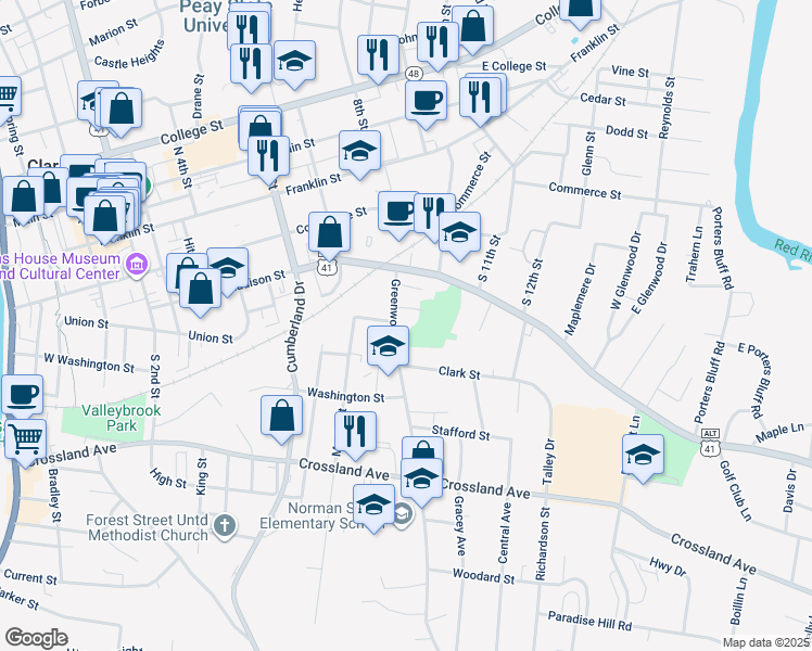 map of restaurants, bars, coffee shops, grocery stores, and more near 403 Greenwood Avenue in Clarksville