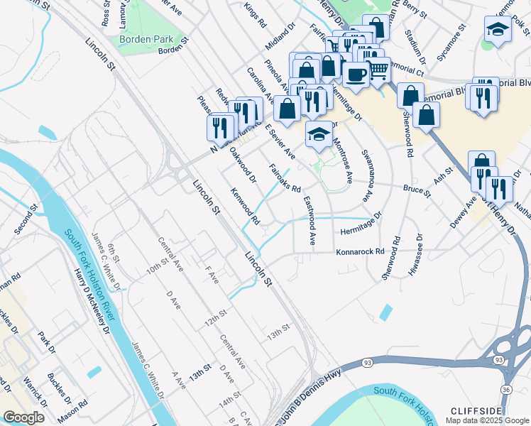 map of restaurants, bars, coffee shops, grocery stores, and more near 1905 Oakwood Drive in Kingsport