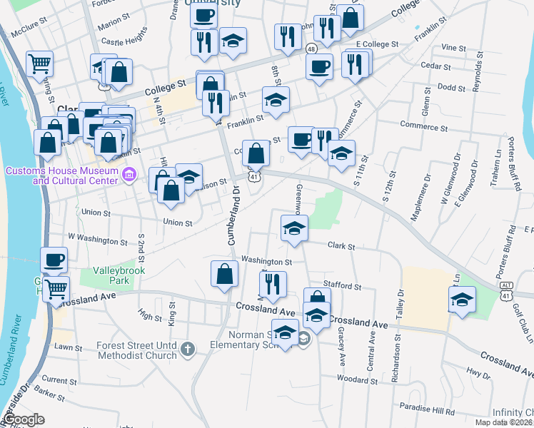 map of restaurants, bars, coffee shops, grocery stores, and more near 300 Greenwood Avenue in Clarksville
