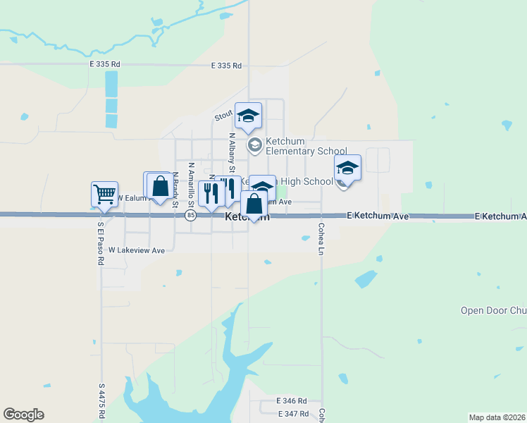 map of restaurants, bars, coffee shops, grocery stores, and more near 496 East Ketchum Avenue in Vinita
