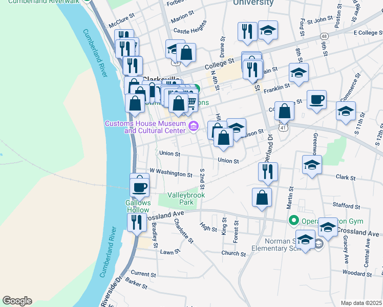 map of restaurants, bars, coffee shops, grocery stores, and more near 123 Union Street in Clarksville