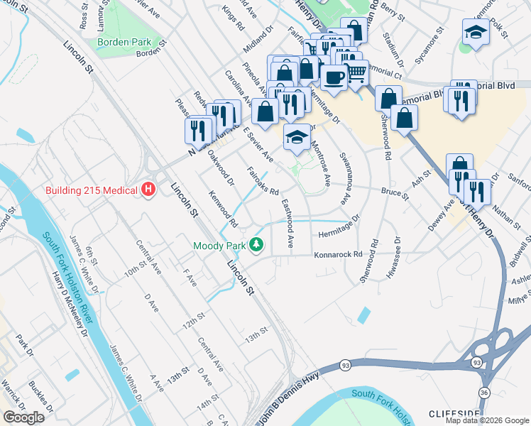 map of restaurants, bars, coffee shops, grocery stores, and more near 1905 Oakwood Drive in Kingsport