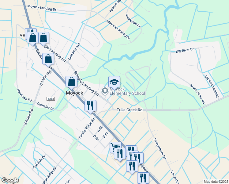 map of restaurants, bars, coffee shops, grocery stores, and more near 255 Tulls Creek Road in Moyock