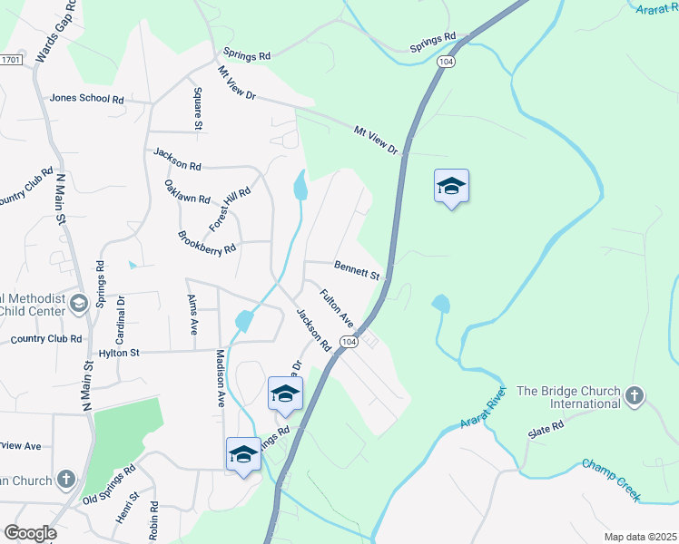 map of restaurants, bars, coffee shops, grocery stores, and more near 506 Bennett Street in Mount Airy
