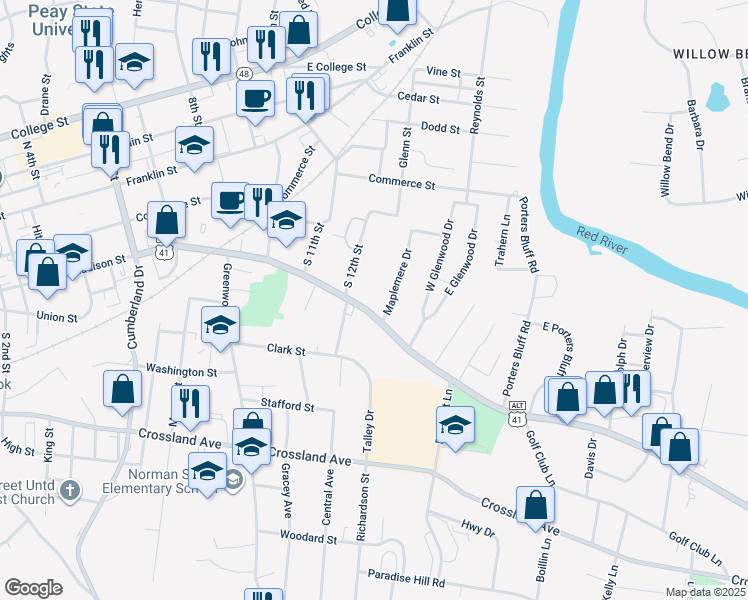 map of restaurants, bars, coffee shops, grocery stores, and more near 1225 Madison Street in Clarksville