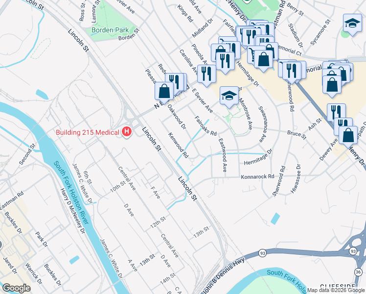 map of restaurants, bars, coffee shops, grocery stores, and more near 1861 Kenwood Road in Kingsport