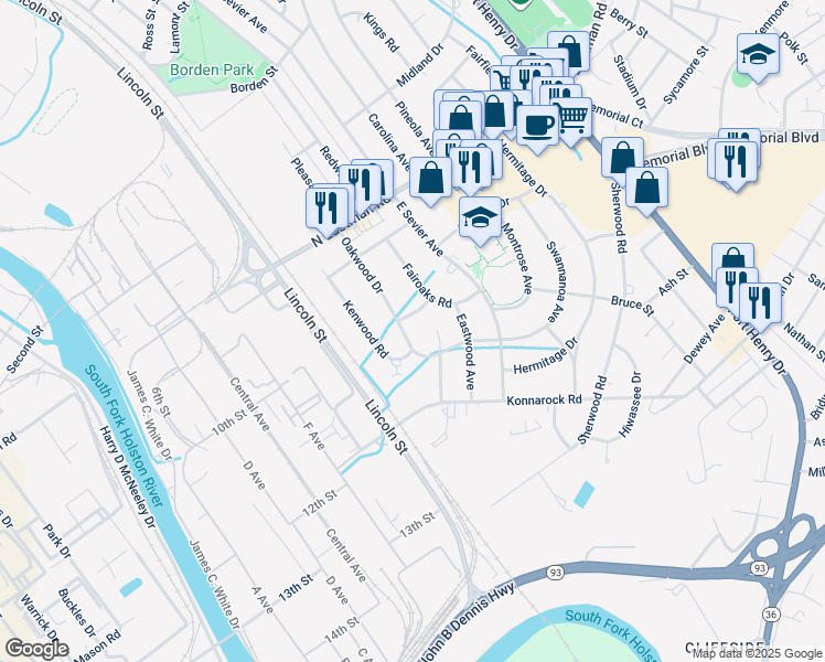 map of restaurants, bars, coffee shops, grocery stores, and more near 1905 Oakwood Dr in Kingsport
