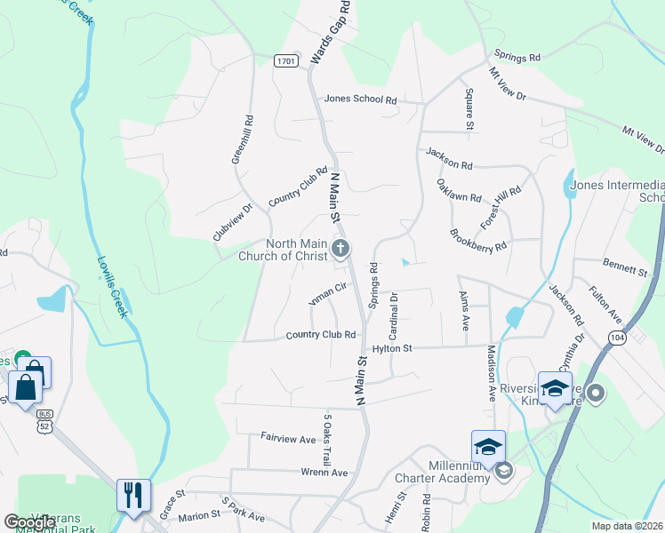 map of restaurants, bars, coffee shops, grocery stores, and more near 2001 North Main Street in Mount Airy