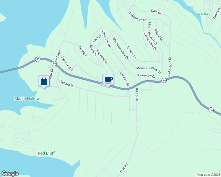 map of restaurants, bars, coffee shops, grocery stores, and more near 2896 State Highway 86 in Taney County