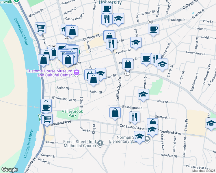 map of restaurants, bars, coffee shops, grocery stores, and more near 346 Union Street in Clarksville