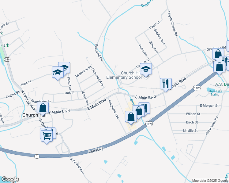 map of restaurants, bars, coffee shops, grocery stores, and more near 495 East Main Street in Church Hill
